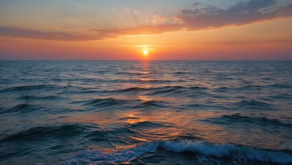 Poster - tranquil sunset over the ocean with gentle waves and warm color palette illuminating the sky and wat