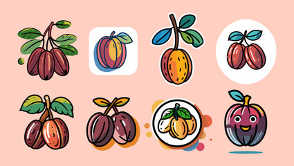 Poster - Sets icon collection of Illustration of various colorful plums in different styles, including whole plums, plums on branches, and a plate of plums, creating a vibrant and playful visual