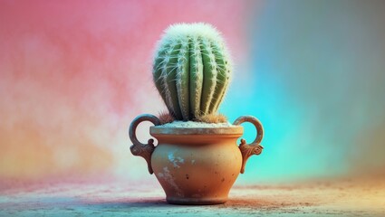 Poster - Vibrant Cactus in Decorative Pot Against Colorful Background for Home Decor and Gardening Themes