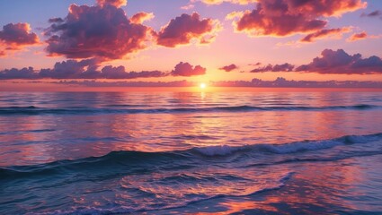 Poster - tranquil sunset over calm sea with vibrant clouds and reflective water surface in serene coastal lan