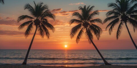 Poster - Tropical sunset over the ocean with silhouetted palm trees and vibrant colors creating a serene atmosphere and ample space for text.
