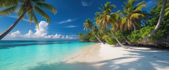 Poster - tropical paradise featuring crystal clear waters white sand and lush palm trees under a bright blue 