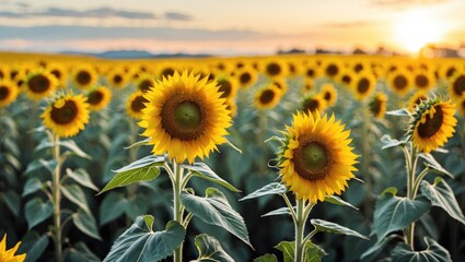 Wall Mural - Vibrant field of sunflowers at sunset with clear blue sky creating a serene landscape and ample space for adding text or messages.