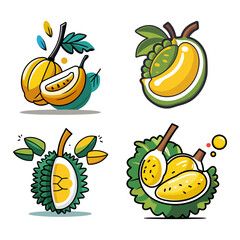 Fototapete - Sets icon collection of stylized illustrations of tropical fruits, including durian and mango, with vibrant colors and cartoon designs, highlighting their unique textures and shapes