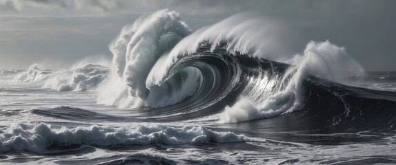 Poster - aerial view of powerful ocean waves in black and white with dramatic whitewater and space for text o