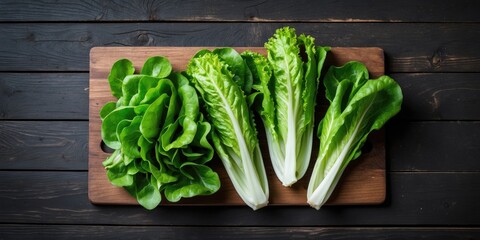 Poster - Fresh Crunchy Lettuce Varieties Arranged Neatly on Dark Wooden Cutting Board with Space for Text or Cooking Recipe.
