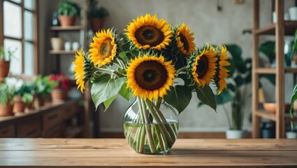 Wall Mural - Vibrant Sunflowers in a Glass Vase on a Wooden Table for Stylish Home Decor with Natural Light and Greenery in Background