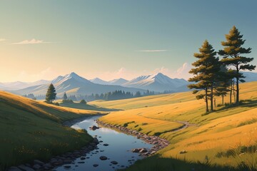 Wall Mural - painting of a mountain landscape with a stream running through it