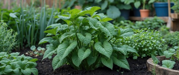 Poster - Lush Centella Asiatica Growing in a Vibrant Backyard Vegetable Garden Surrounded by Healthy Greenery and Herbs