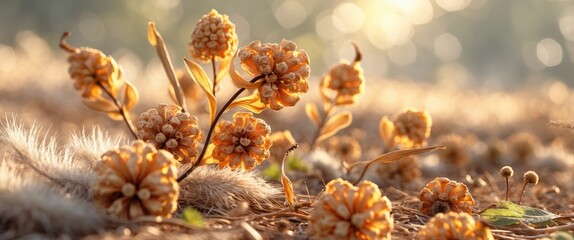 Poster - Dried Seedpods and Dead Flowers in Soft Meadow Light with Empty Space for Text Background