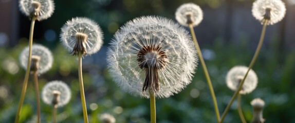 Poster - Closeup of Dandelion Seeds in Garden Landscape with Soft Natural Light and Green Background