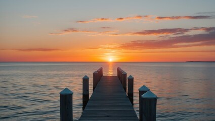 Poster - Tranquil Coastal Sunset Over Serenity Dock with Reflective Waters and Vibrant Sky in Soft Evening Light