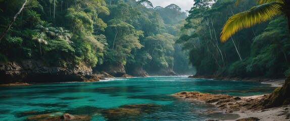 Poster - Lush Coastal Rainforest Landscape with Tranquil Waters and Empty Space for Text or Overlay Design
