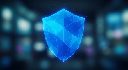 Glowing blue polygonal shield - protection and security - website banner or cybersecurity article