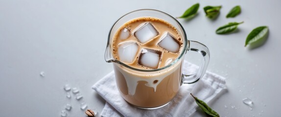 Poster - Iced Latte with Milk and Ice Cubes in Glass Beaker on Light Background Refreshing Summer Drink with Copy Space for Text Top View