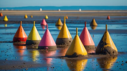 Poster - colorful buoys arrayed on wet beach at low tide reflecting serenity and tranquility with clear space