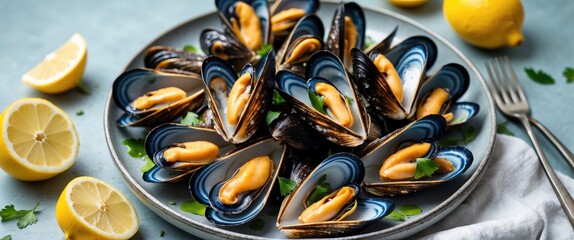 Cooked Mussels garnished with Lemon Slices served on a Plate showcasing vibrant colors and elegant presentation for culinary themes