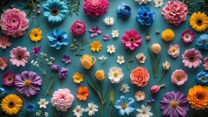 Poster - Vibrant Flat Lay Arrangement of Colorful Flowers on Turquoise Background for Nature and Decoration Themes