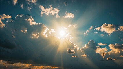 Poster - Radiant Sunlight Breaking Through Dark Clouds in a Vibrant Sky Displaying a Captivating Atmospheric Effect