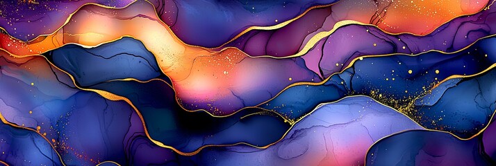 Poster - beautiful abstract illustration of purple, blue and orange swirls with golden lines