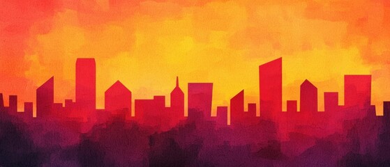 Poster - Vibrant Cityscape Silhouette at Sunset Warm Color Palette Abstract Urban Art Design