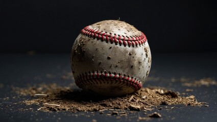 Worn and Dirty Baseball Resting on Ground Against Black Background Capturing the Essence of Time and Use in Sports Memorabilia