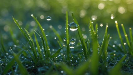 Poster - morning dew drops on grass blades captured in soft light creating a serene natural atmosphere with s