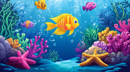 Naklejka na meble Seabed fish and seaweed set isolated on white background. Vector cartoon illustration of coral reef, starfish, exotic plants, colorful underwater flora and fauna species, aquarium design elements