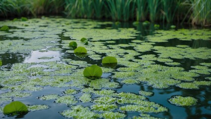 Poster - Serene Pond Scene with Duckweed and Lush Green Vegetation on Water Surface Natural Background for Tranquil Nature Themes
