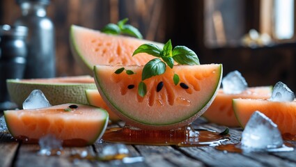 Wall Mural - Refreshing Cantaloupe Slices with Basil Seeds and Ice on Wooden Background Perfect for Breakfast with Space for Text