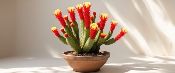 Poster - Vibrant Euphorbia Caducifolia Cactus with Colorful Blossoms in Pot Displaying Natural Light and Shadow Effects on Surface