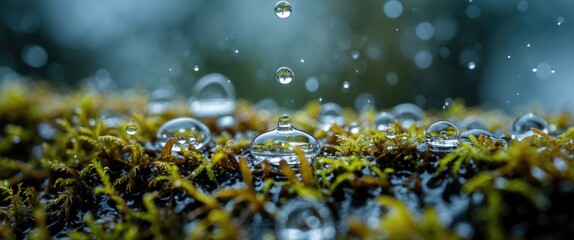 Poster - Close-Up of Water Droplets on Vibrant Moss with Shallow Depth of Field and Soft Background Bokeh Effects
