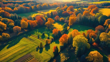 Poster - vibrant autumn landscape aerial view showcasing fields and forests with colorful foliage in pictures