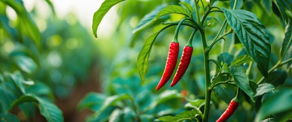 Wall Mural - Fresh Red Chili Peppers Hanging on a Plant Surrounded by Green Leaves in a Vibrant Farm Setting with a Soft Blurred Background