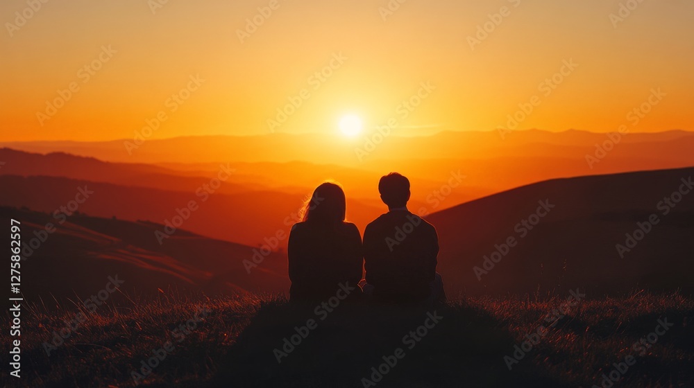Silhouette of a couple sitting on a hill, watching the sun set over ...