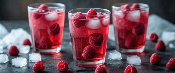 Poster - chilled raspberry red tea with ice in glasses surrounded by fresh raspberries and ice cubes on a dar