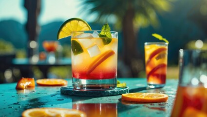 Poster - Vibrant Summer Cocktails with Citrus Garnishes on Outdoor Table Surrounded by Fresh Fruits and Refreshing Ambient Light
