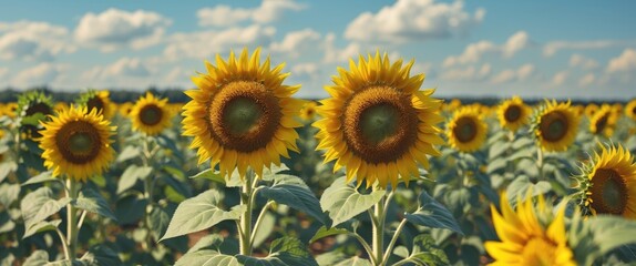 Wall Mural - Vibrant field of blooming sunflowers under a sunny sky with ample space for text ideal for seasonal themes and nature content.