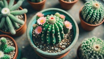 Poster - Vibrant Green Cactus with Pink Flowers in a Pot Surrounded by Other Succulents Aesthetic Home Decor Concept with Space for Text
