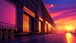 © Nana - Pink and purple sunset over a row of industrial buildings with semi trucks parked outside. The scene is brightly lit with warm and cool tones.