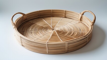 Poster - handmade rattan tray with handles on white background ideal for serving or decorative use with space