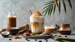 © The 2R Artificiality - Delicious Ice Latte with Coconut Milk and Caramel Drizzle Surrounded by Coffee Accessories and Tropical Plants