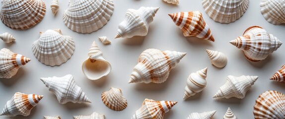 Poster - white conch seashells lying on a white background with ample copy space for text or marine-themed de