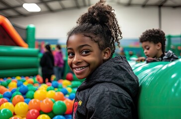 Wall Mural - smiling children playing in a ball pit at an indoor playground, with a green bouncy castle and children inside in the background.