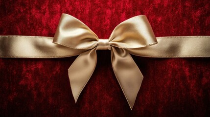 A beautifully wrapped gift featuring a large, elegant gold satin bow on a rich red velvet background, exuding luxury and celebration.