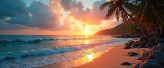 Poster - tropical sunset over serene beach with waves and palm trees offering tranquil copy space for text an