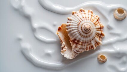 Poster - elegant seashell on smooth white surface with soft focus and ample space for text, perfect for coast