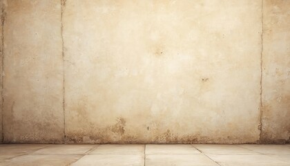 Poster - Aged concrete wall with beige cracked paint. Vintage cement background with floor tiles, damaged texture and weathered structure for abstract retro home interior.