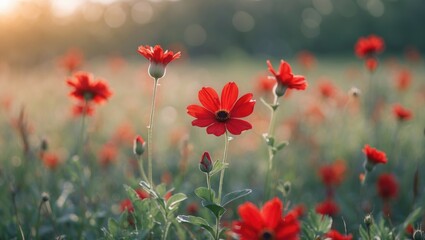 Poster - vibrant red flowers in a serene field captured with bokeh effect and soft natural light creating an 