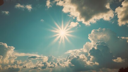 Poster - Radiant Sun Illuminating Fluffy Clouds in a Serene Blue Sky Perfect for Backgrounds and Nature Themes